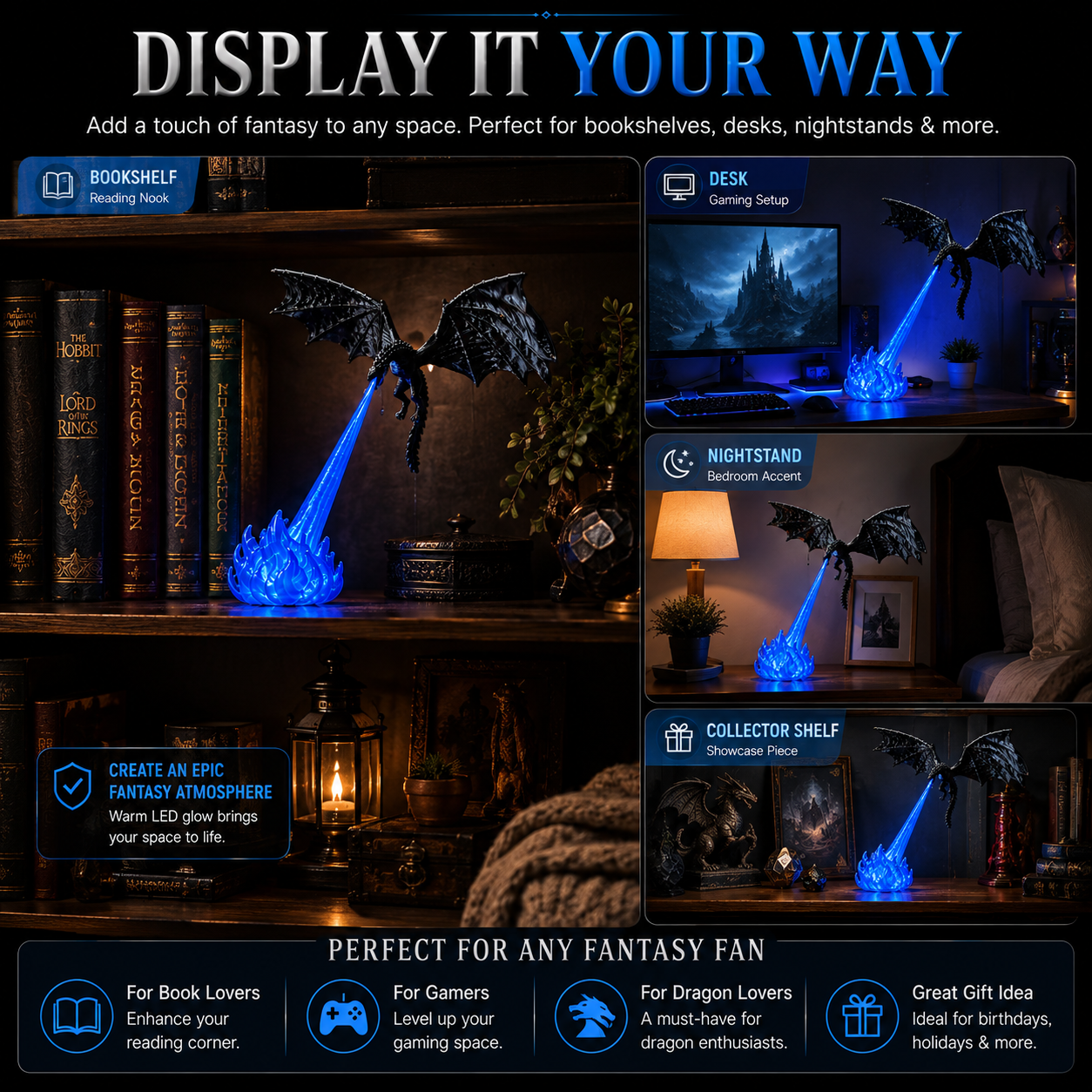 ๐3D Fire-Breathing Dragon LED Display โ Fantasy Bookshelf Decor with Glowing Flame