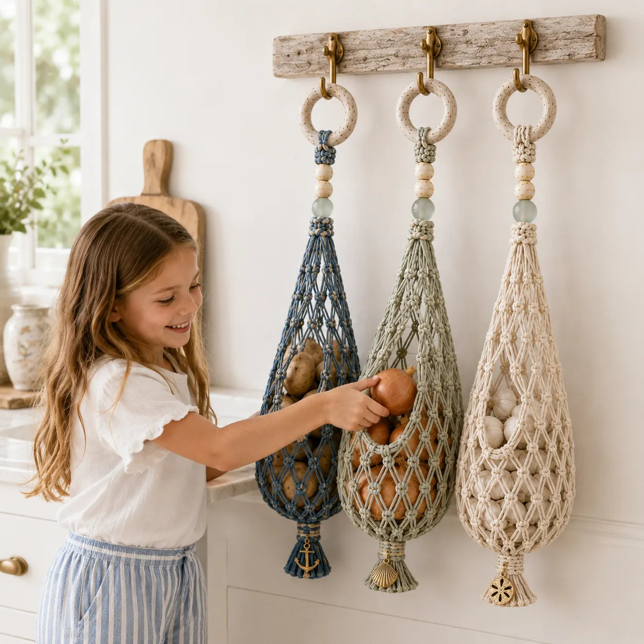 ๐ ๐ฅ Coastal Hanging Produce Storage โ Handwoven Breathable Organizer with Easy Side Access