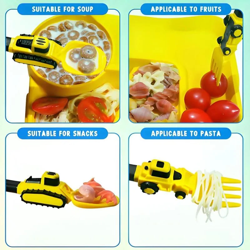 Construction Vehicle Kids Utensil Set 🚜 | 3-Piece Feeding Set with Spoon, Fork & Storage Case | Soft Grip | Dishwasher Safe | Perfect for Travel & Home | Gift Set Utensils