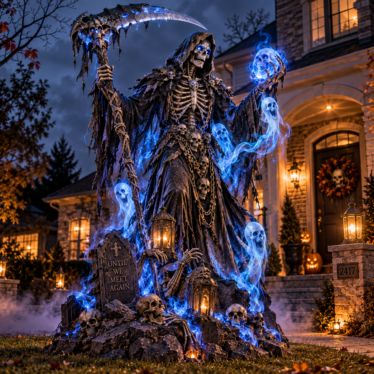 🎃👻Giant Haunted Soul Reaper Lighted Halloween Yard Decoration – Glowing Grim Reaper with Ghostly Blue Spirits