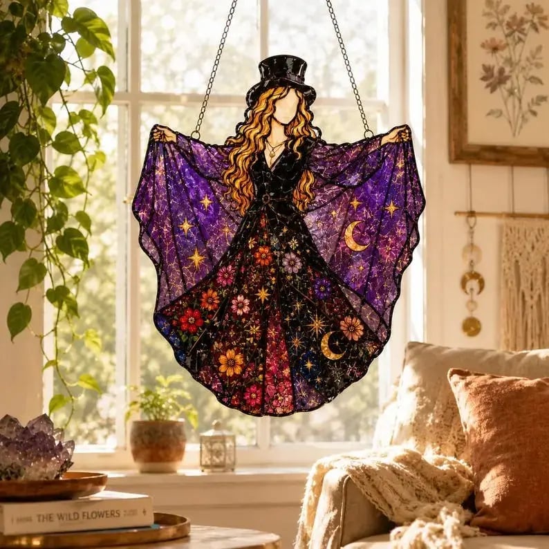 🌙 Witchy Rock Muse Acrylic Suncatcher Ornament – Rainbow Window Charm for Music Lovers