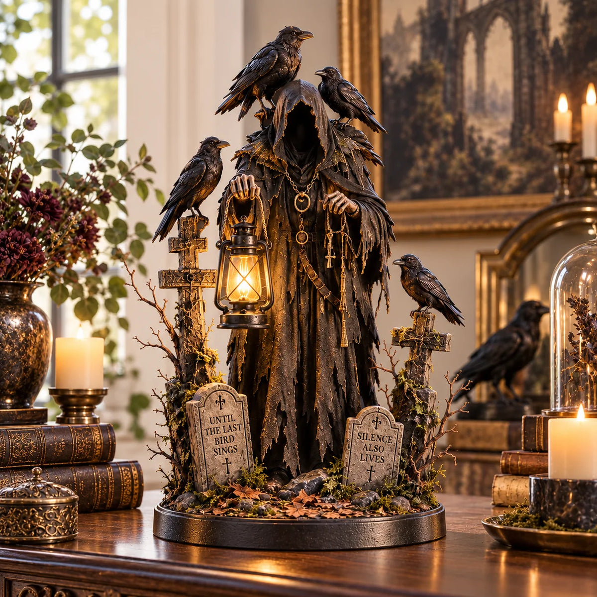 🐦⬛ Keeper Of The Last Light – Raven Guardian Lantern Statue