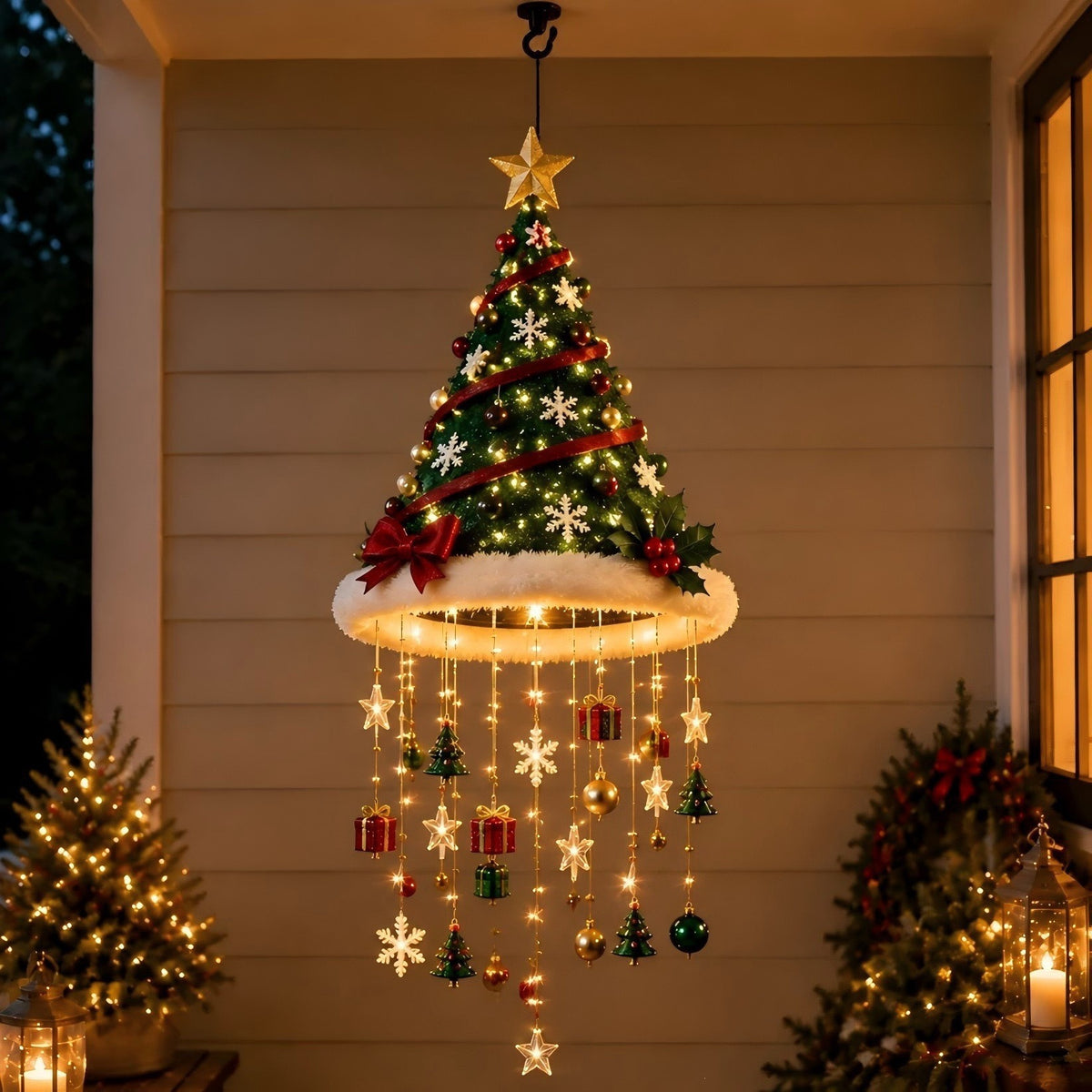🎅✨Light‐Up Santa Hat Hanging Chandelier, Plush Christmas Pendant Light with Hanging Ornaments, Indoor & Covered Porch Holiday Decoration