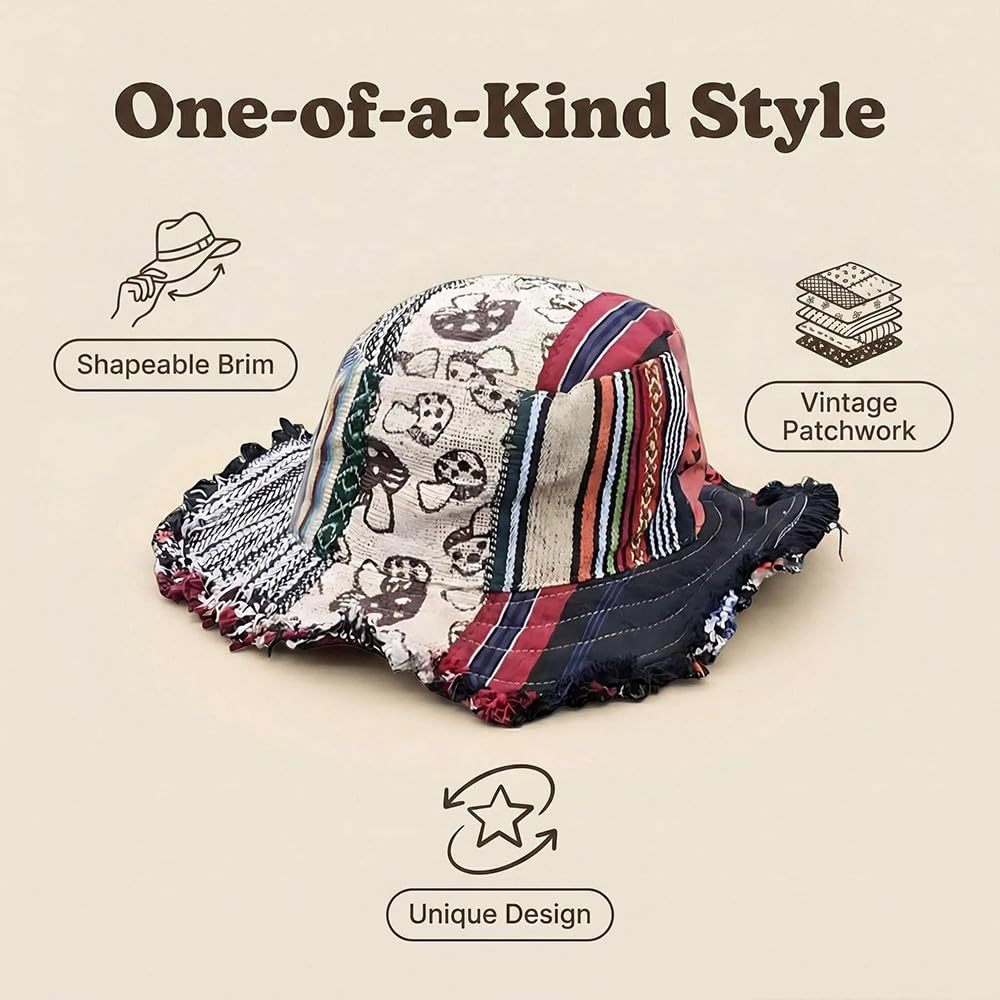 🔥Last Day 49% OFF - 🎩🍄Frayed Patchwork Bucket Hat(✨Shapeable Brim One-of-a-Kind Style)