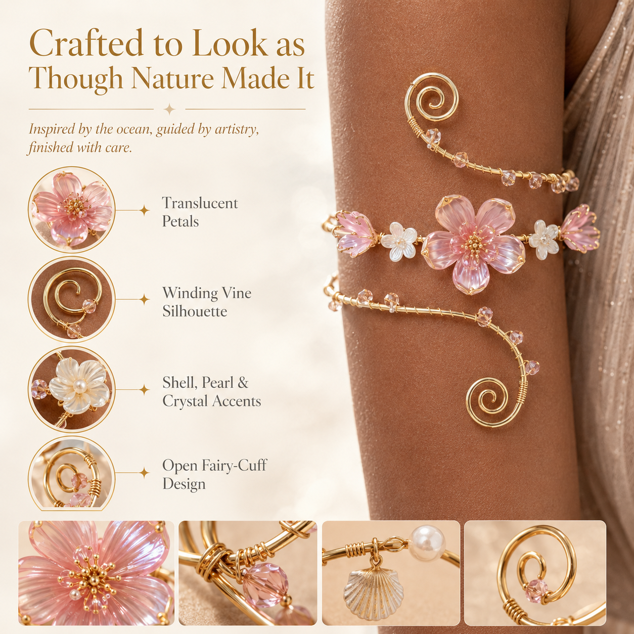 🌸 2026 Trending Fairy Floral Upper Arm Cuff – 💎Sculptural Beach Jewelry for Women