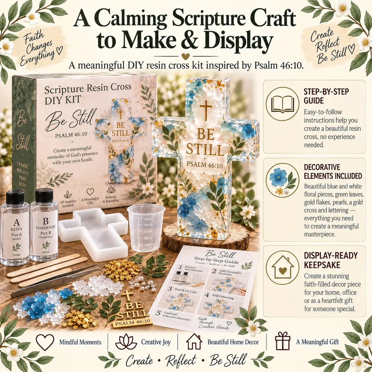 ✝️🌸 Faithful Floral Resin Cross Craft Set – Complete Beginner DIY Keepsake Kit