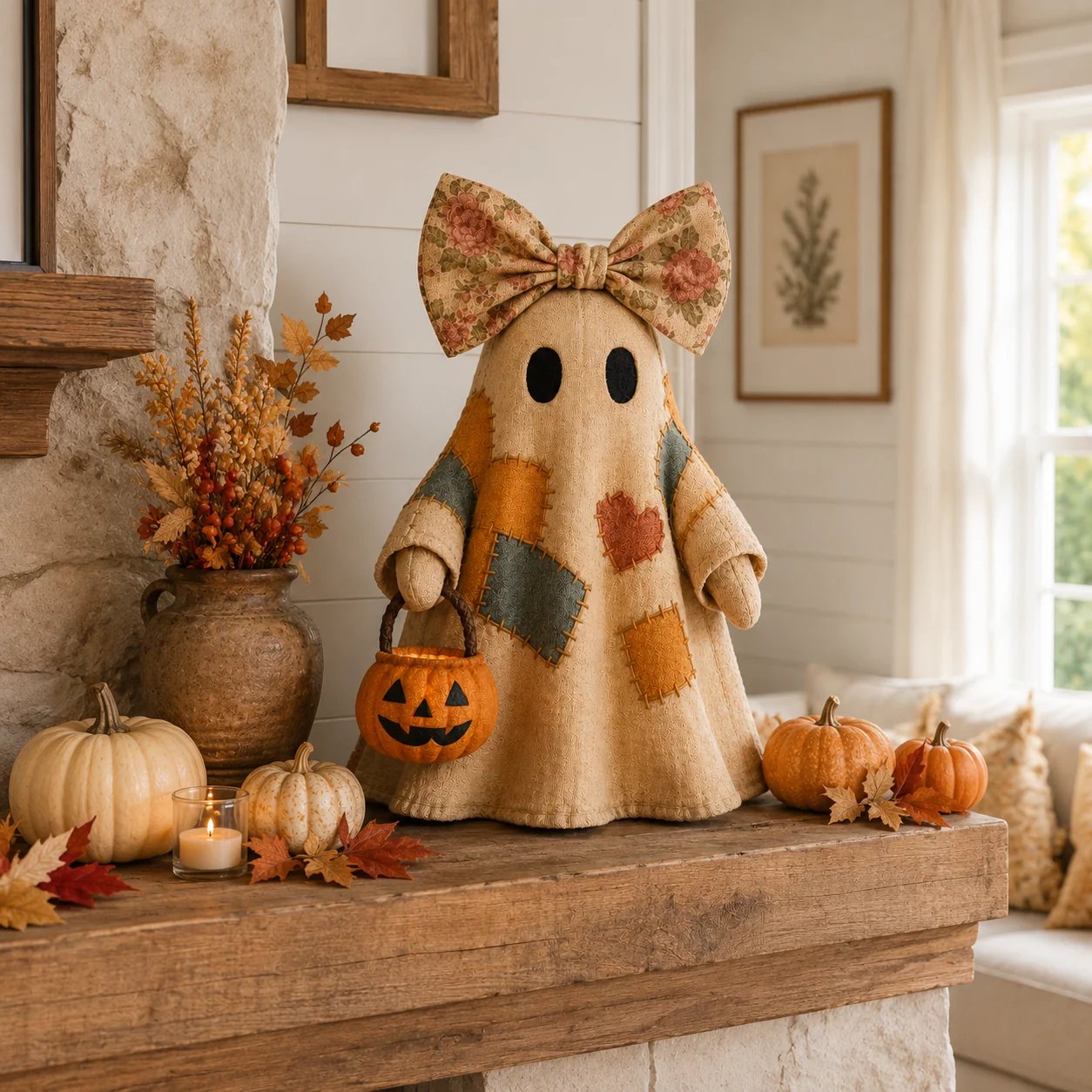 👻 Handmade Patchwork Ghost Pumpkin Lantern🎃