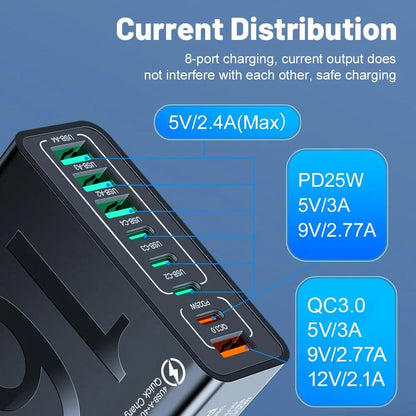 ⚡️8-Port Smart USB-C & USB-A Fast Charging Hub for Phones & Tablets