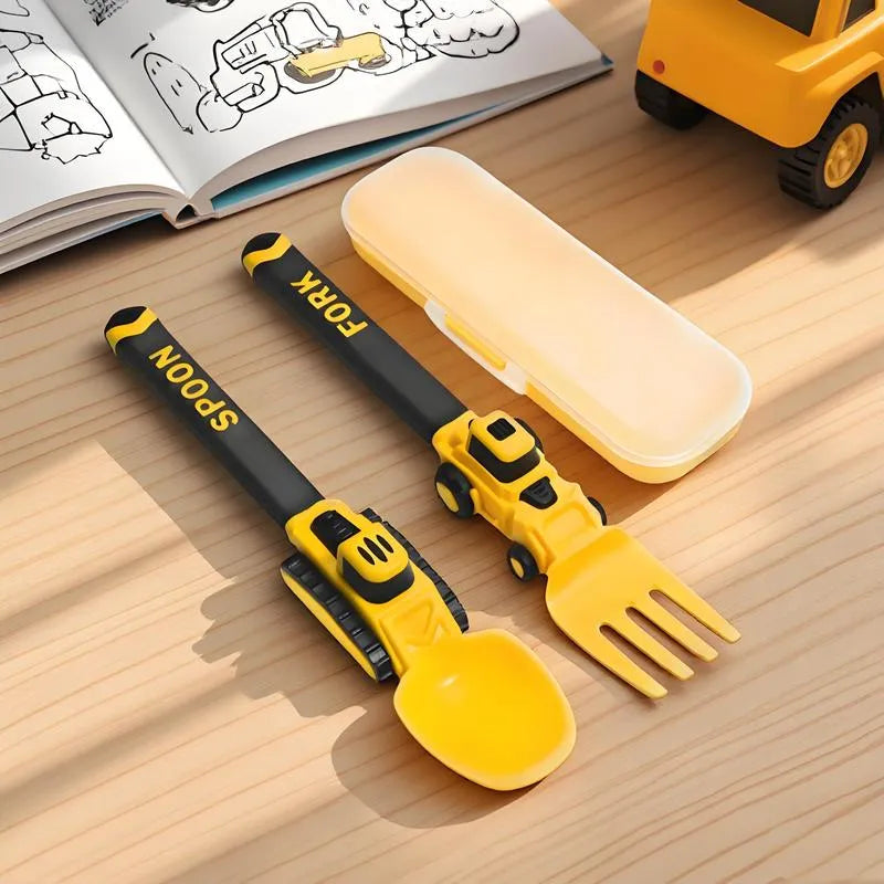 Construction Vehicle Kids Utensil Set 🚜 | 3-Piece Feeding Set with Spoon, Fork & Storage Case | Soft Grip | Dishwasher Safe | Perfect for Travel & Home | Gift Set Utensils