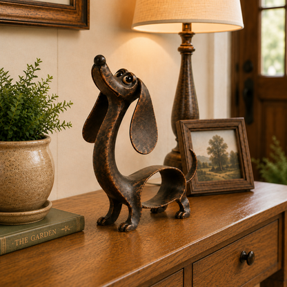 🐾✨ Un personnage inoubliable — Sculpture en métal représentant un teckel, en bronze antique