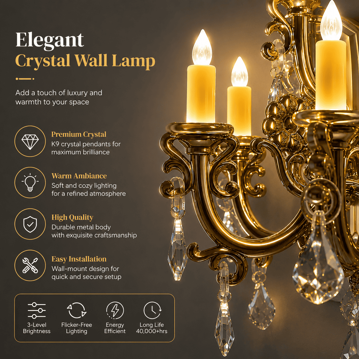 Sparkling Crystal Chandelier Candle Night Light with Warm LED Glow & Dusk to Dawn Sensor