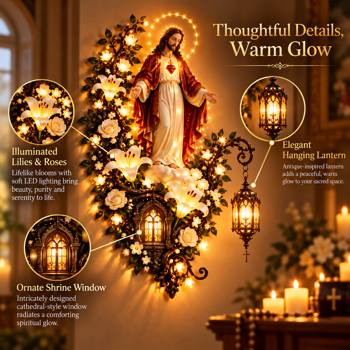 Illuminated Sacred Heart of Jesus floral lantern decor