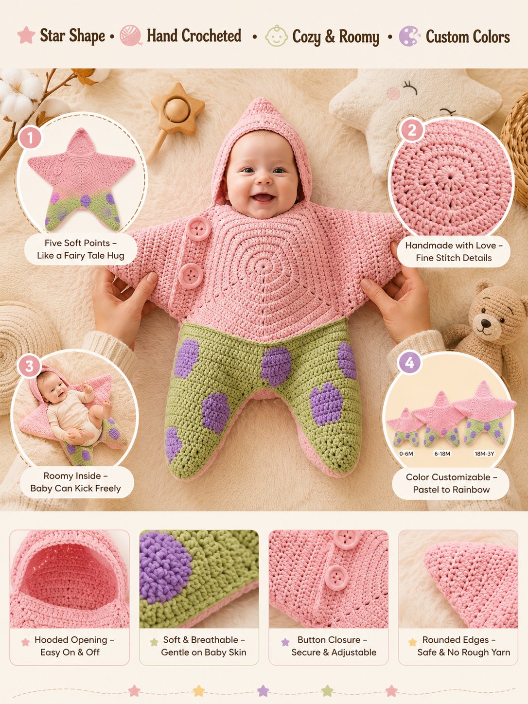 ⭐ Handmade Crochet Starfish Baby Swaddle Sleeping Bag — A Cozy Little Star Wrap For Your Newborn’s Sweetest Moments 🌙✨