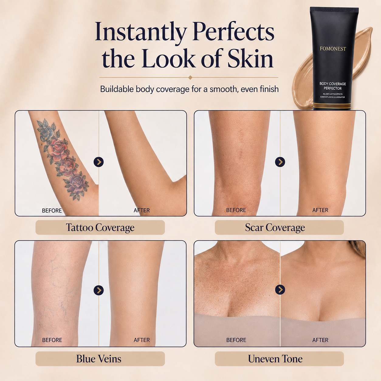 Waterproof & Sweatproof Full Coverage Body Tattoo Concealer | Instant Coverage, Limited Time: Free Concealer Brush Included