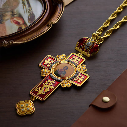 Red Vintage Pectoral Cross Gemstone Set Pendant Necklace