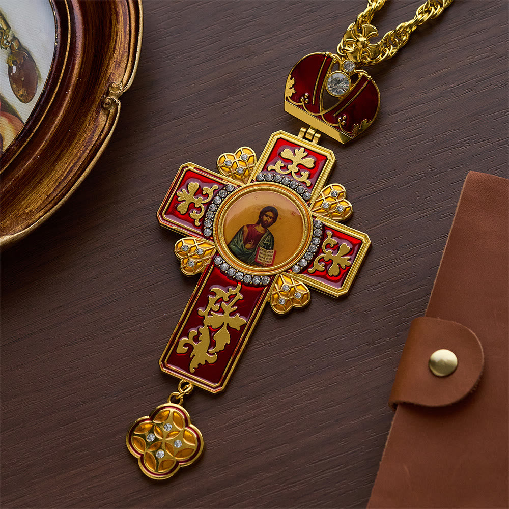 Red Vintage Pectoral Cross Gemstone Set Pendant Necklace