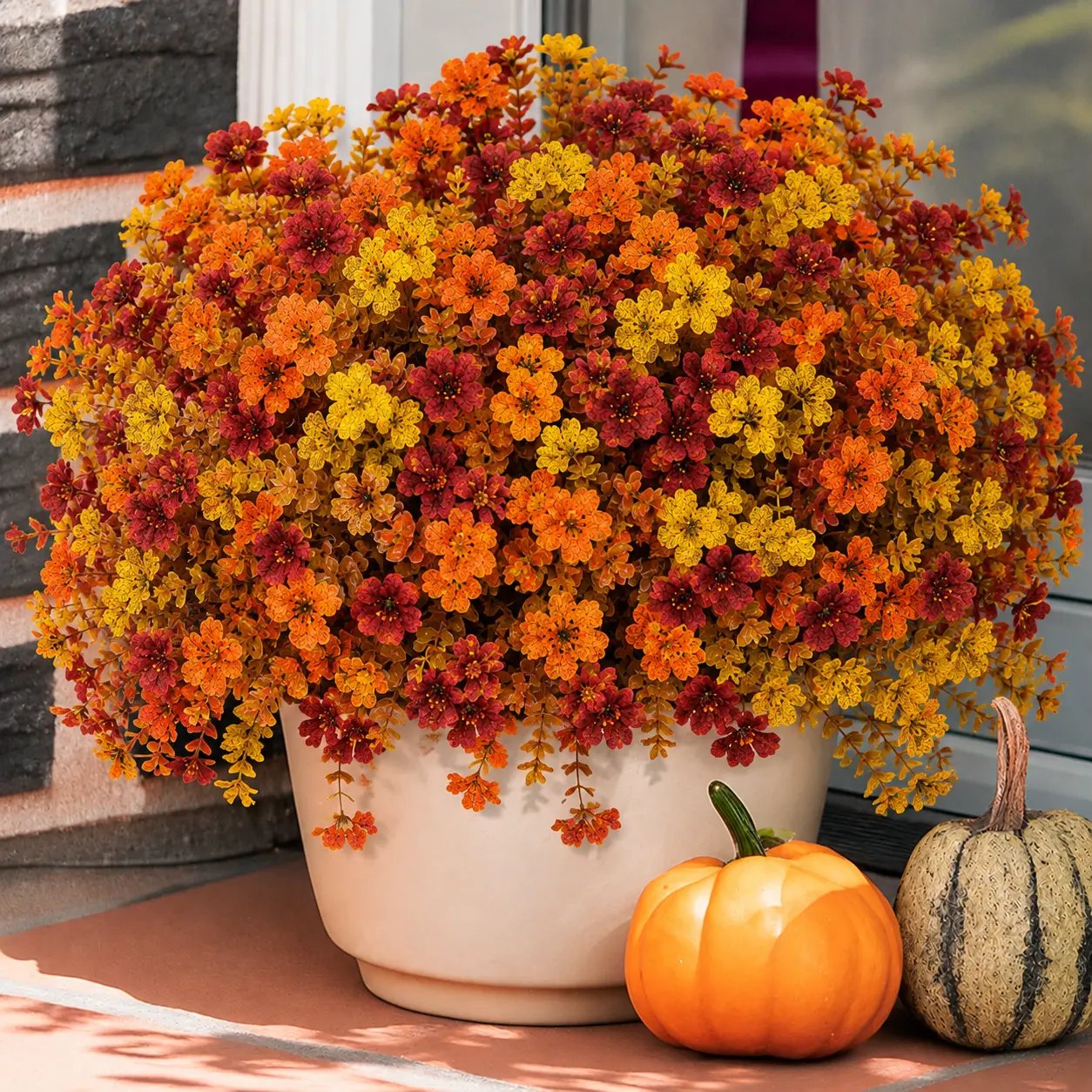 🍂 Instant Autumn Curb Appeal: 2-Pack Artificial Fall Flowers (24 Stems) | Two Pre-Mixed Harvest Bouquets — One Full Porch Pot Each | UV-Resistant, Fade-Proof Halloween Decor