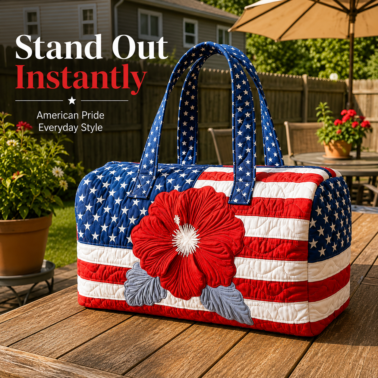 🔥Limited time 55% OFF 🇺🇸🧵 Handcrafted Patriotic Tote Bag – 3D Floral American Flag Travel Duffel