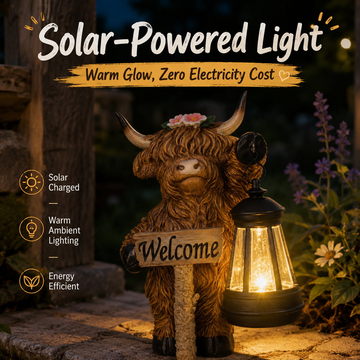 Solar-Powered Scottish Highland Bull Garden Welcome Light