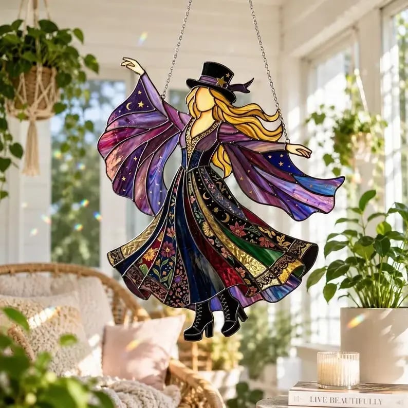 🌙 Witchy Rock Muse Acrylic Suncatcher Ornament – Rainbow Window Charm for Music Lovers
