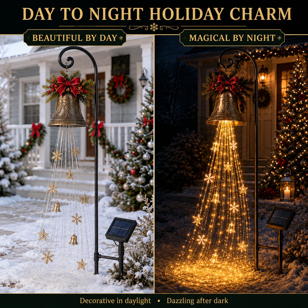 🔔 Christmas Bell Cascade Solar Yard Light — A Golden Waterfall of Light Pouring from a Vintage Bell | Solar-Powered, Zero Wiring, Auto Dusk-to-Dawn Glow | Star & Snowflake Cascade for Walkway, Porch & Garden