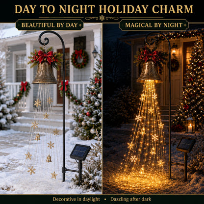 🔔 Christmas Bell Cascade Solar Yard Light — A Golden Waterfall of Light Pouring from a Vintage Bell | Solar-Powered, Zero Wiring, Auto Dusk-to-Dawn Glow | Star & Snowflake Cascade for Walkway, Porch & Garden