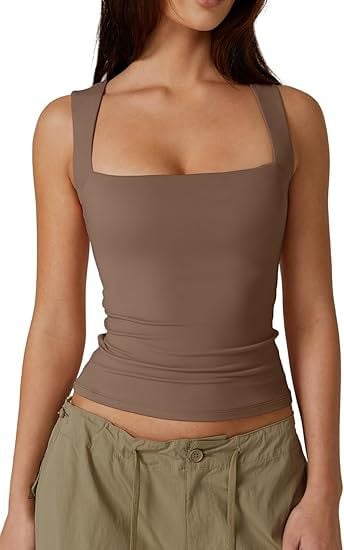💥Women's Square Neck Sleeveless Double-Layer Tank Tops Basic Tight T Shirts short