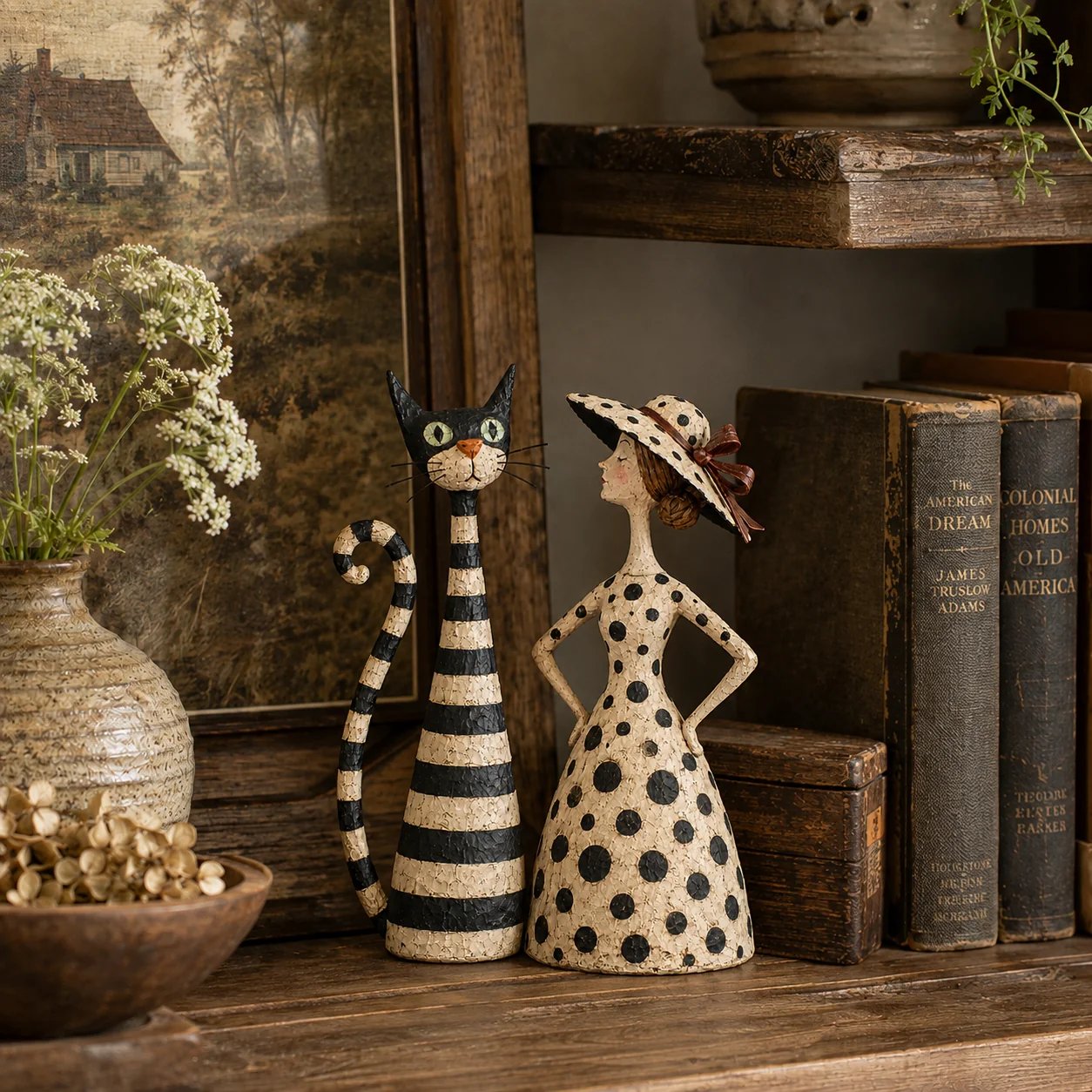 Vintage Cat & Lady Sculptures