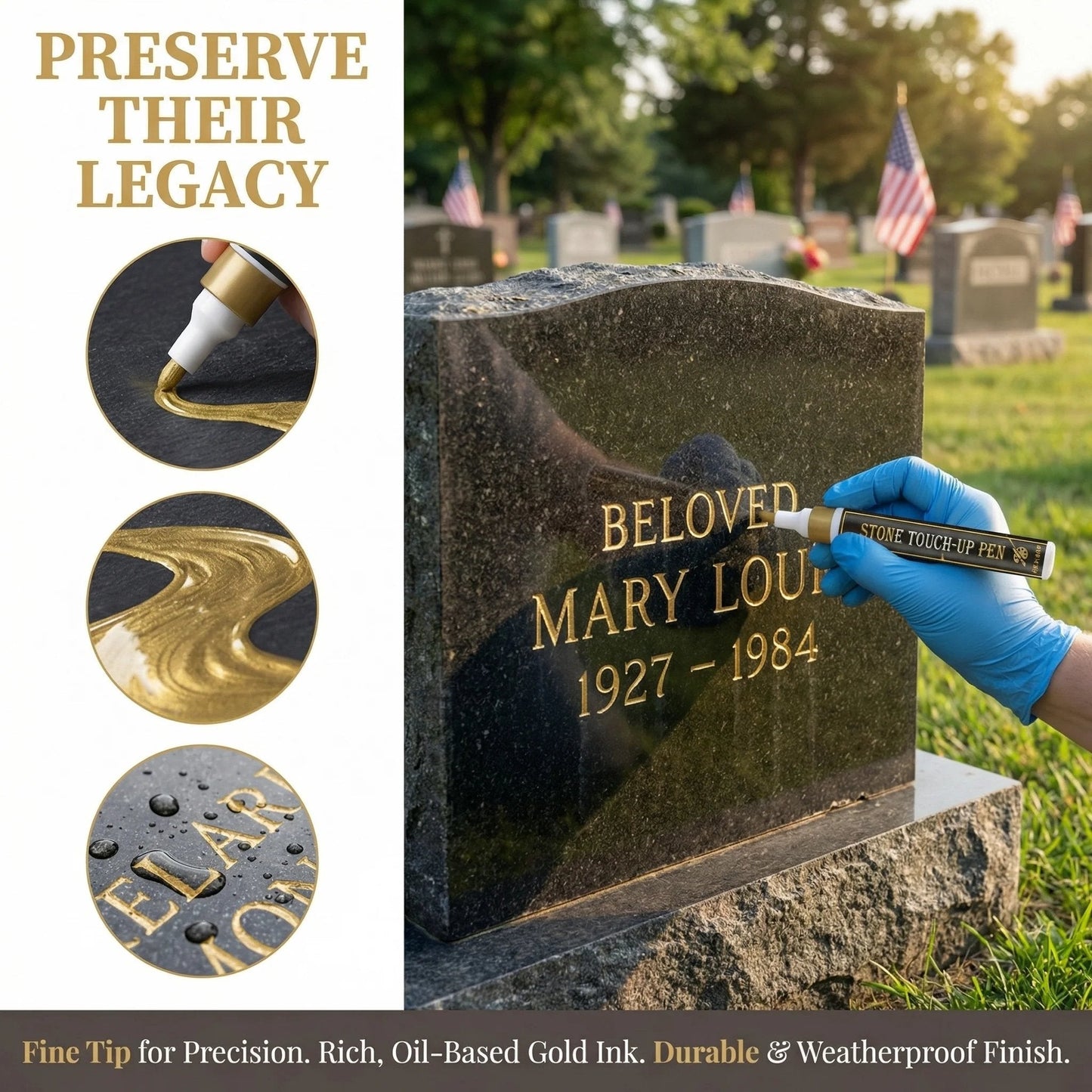 Tombstone Marker Pen – Restore Faded Grave Inscriptions | Gold, Black & Red | Weatherproof