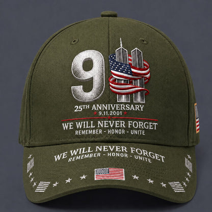 🔥9/11 25th Anniversary We Will Never Forget Printed Memorial Baseball Cap – Unisex Patriotic Memorial Hat🧢