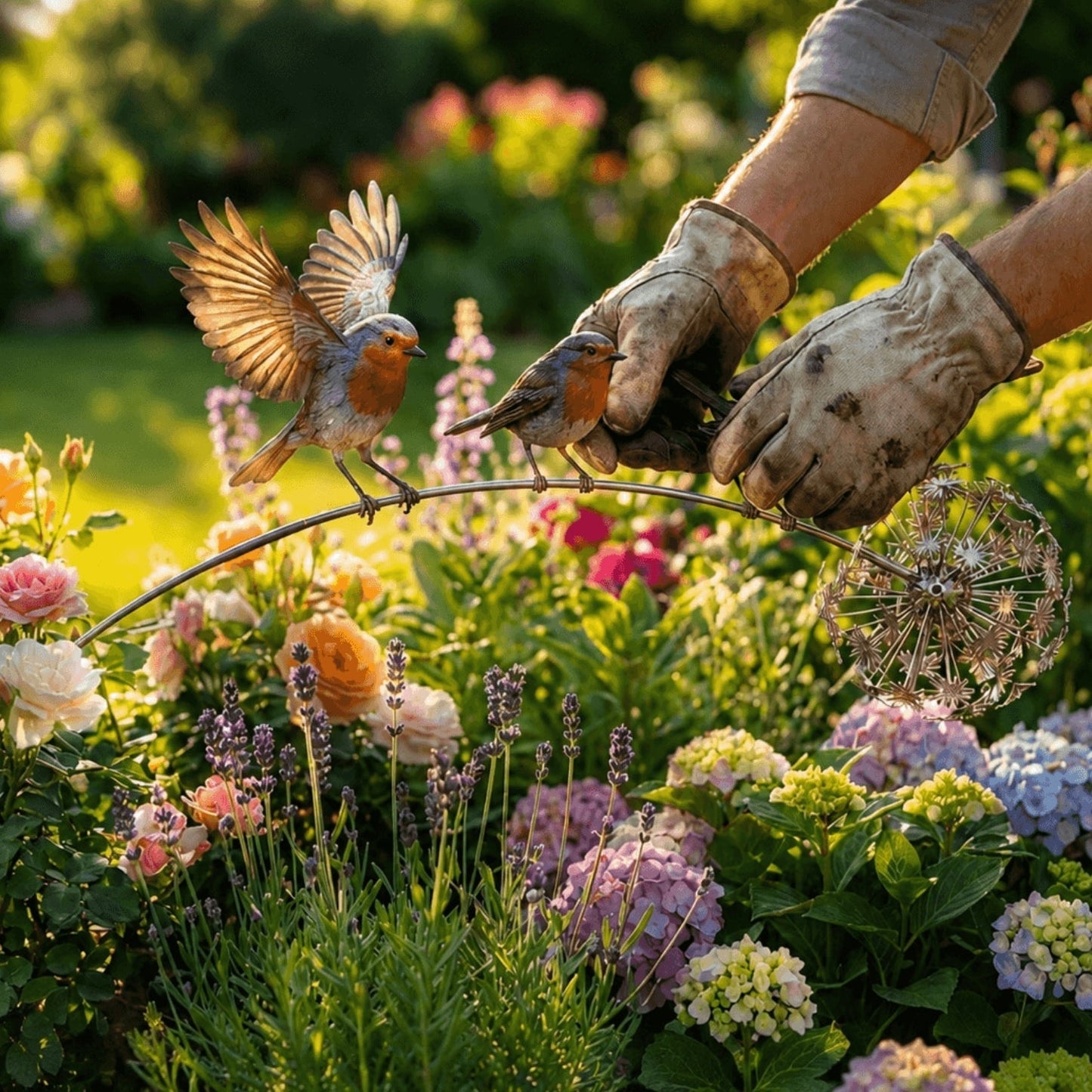 🪴⚙️Handcrafted Metal Branch Garden Stake🍃🌬️ with Dandelion Wind Sculpture🌼🪶✨