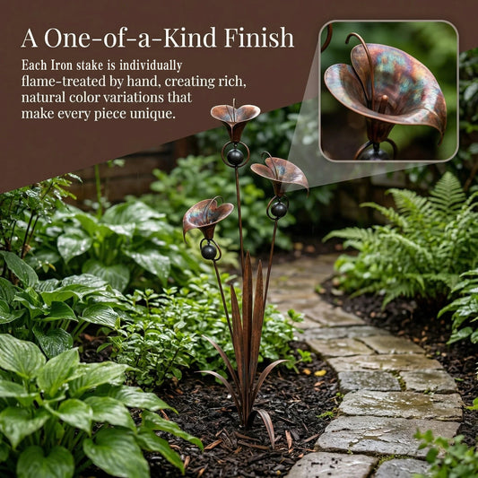 ⏰Limited Time Special Offer✈️Free Shipping🏡 3 Calla Lilies Flamed Copper Stake Decor with Wind Bells 🔔