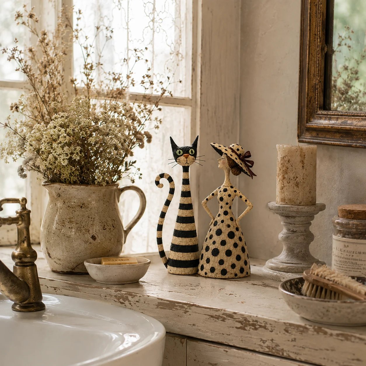 Vintage Cat & Lady Sculptures