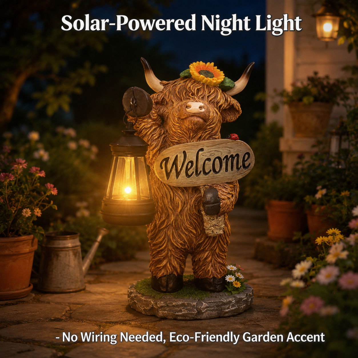 Solar-Powered Scottish Highland Bull Garden Welcome Light