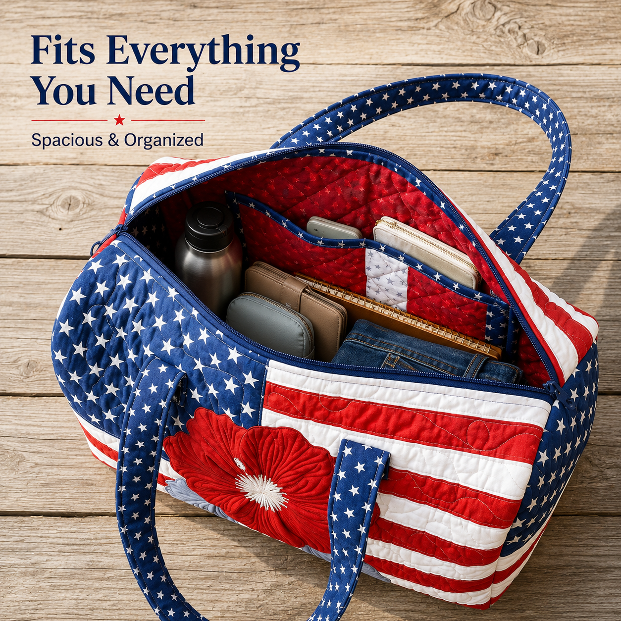 🔥Limited time 55% OFF 🇺🇸🧵 Handcrafted Patriotic Tote Bag – 3D Floral American Flag Travel Duffel