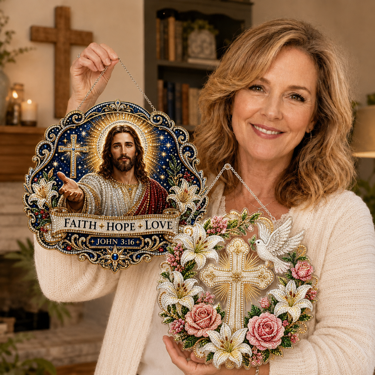 ✝️💐 Cross, Flowers & Dove Diamond Art Hanging Ornament Kit – A Relaxing DIY Craft Filled with Faith & Peace ✨🙏