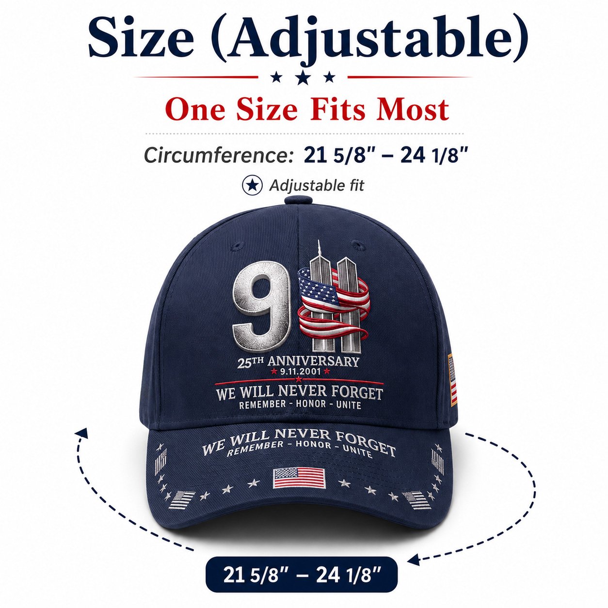 🔥9/11 25th Anniversary We Will Never Forget Printed Memorial Baseball Cap – Unisex Patriotic Memorial Hat🧢