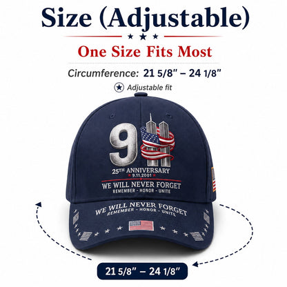 🔥9/11 25th Anniversary We Will Never Forget Printed Memorial Baseball Cap – Unisex Patriotic Memorial Hat🧢