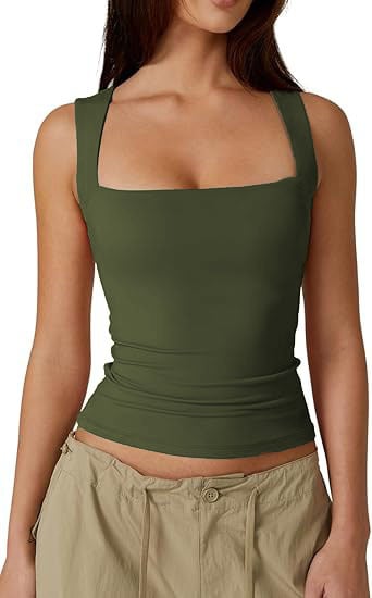 💥Women's Square Neck Sleeveless Double-Layer Tank Tops Basic Tight T Shirts short