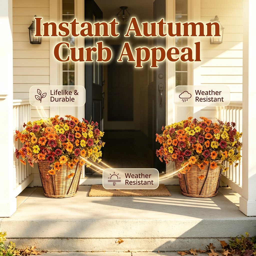 🍂 Instant Autumn Curb Appeal: 2-Pack Artificial Fall Flowers (24 Stems) | Two Pre-Mixed Harvest Bouquets — One Full Porch Pot Each | UV-Resistant, Fade-Proof Halloween Decor