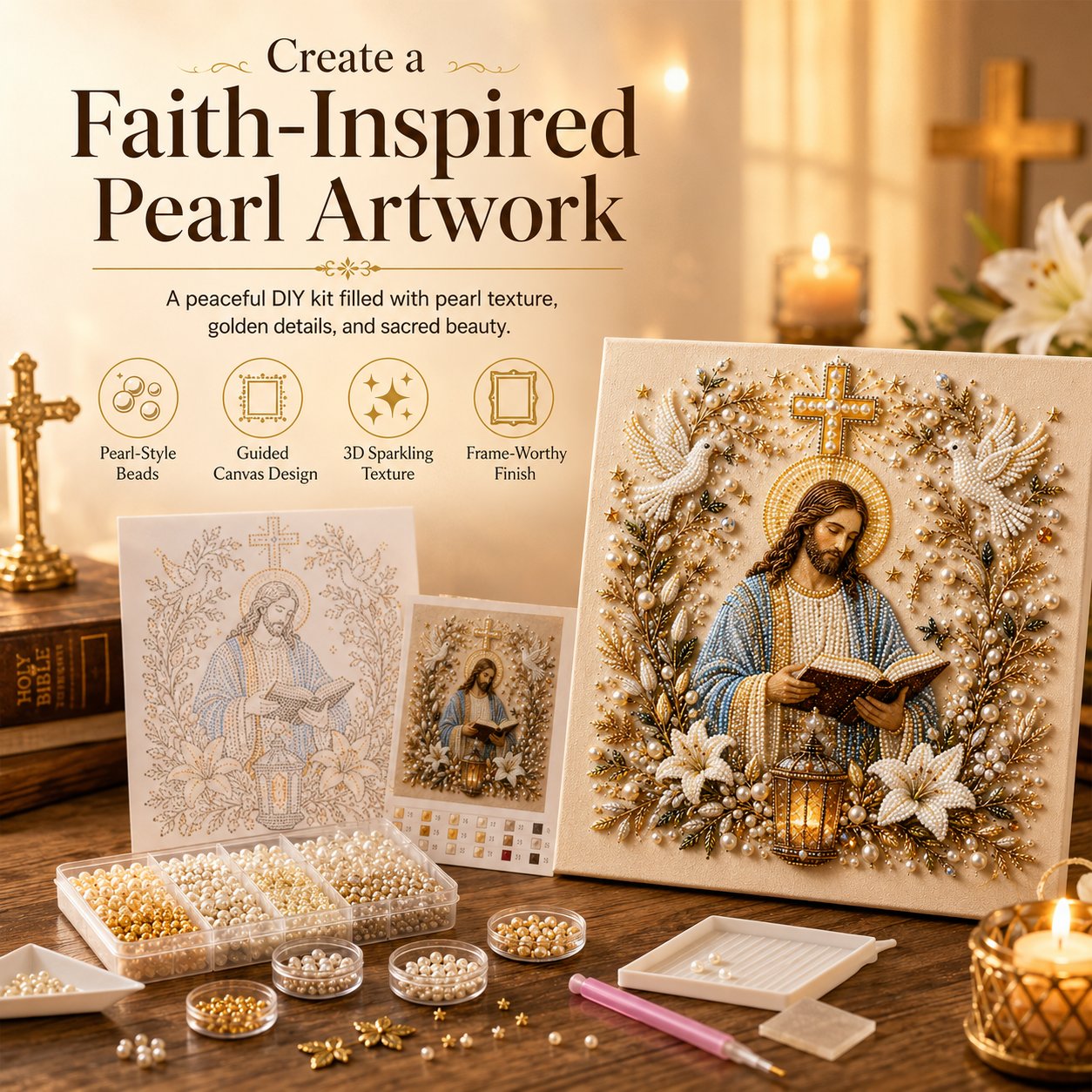 🔥 Last Day 50% OFF – ✝️ DIY Jesus Pearl Art Kit | 3D Pearl-Style Christian Artwork for Prayer Corners & Faith Gifts