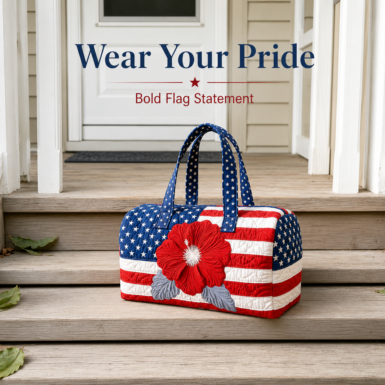 🔥Limited time 55% OFF 🇺🇸🧵 Handcrafted Patriotic Tote Bag – 3D Floral American Flag Travel Duffel