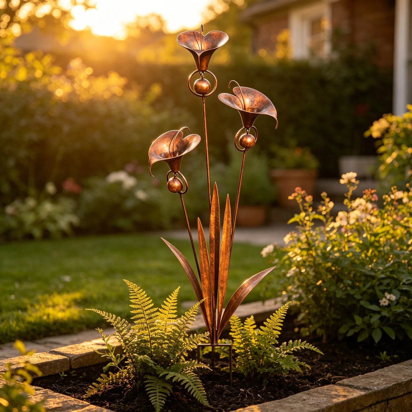 🏡🔥Flamed Copper Calla Lily Stake With Soothing Wind Bells