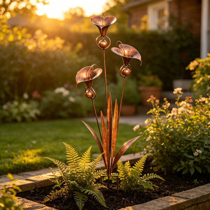 🏡🔥Flamed Copper Calla Lily Stake With Soothing Wind Bells