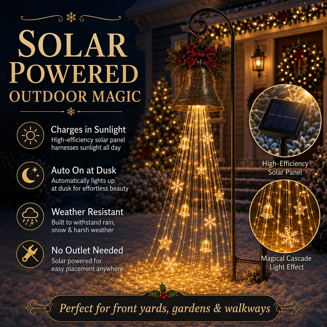 🔔 Christmas Bell Cascade Solar Yard Light — A Golden Waterfall of Light Pouring from a Vintage Bell | Solar-Powered, Zero Wiring, Auto Dusk-to-Dawn Glow | Star & Snowflake Cascade for Walkway, Porch & Garden