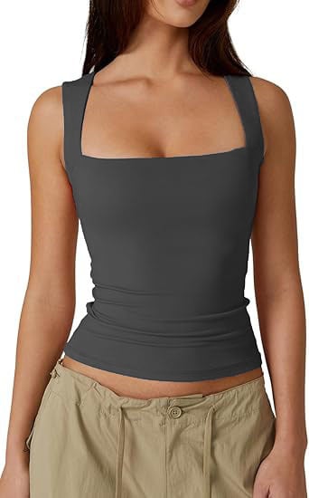 💥Women's Square Neck Sleeveless Double-Layer Tank Tops Basic Tight T Shirts short