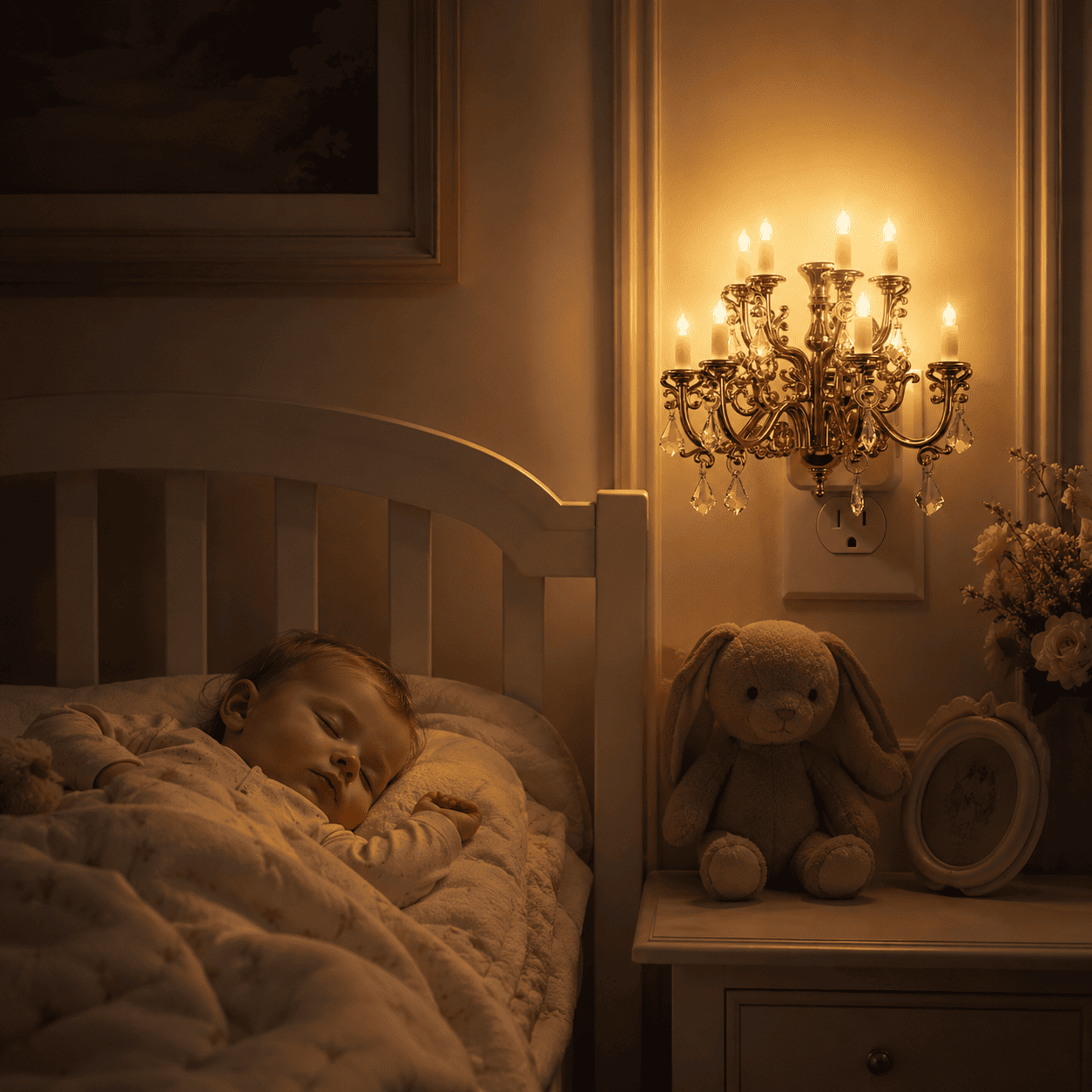 Sparkling Crystal Chandelier Candle Night Light with Warm LED Glow & Dusk to Dawn Sensor