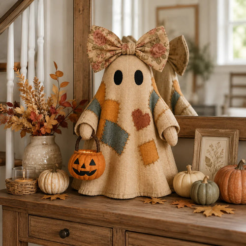 👻 Handmade Patchwork Ghost Pumpkin Lantern🎃