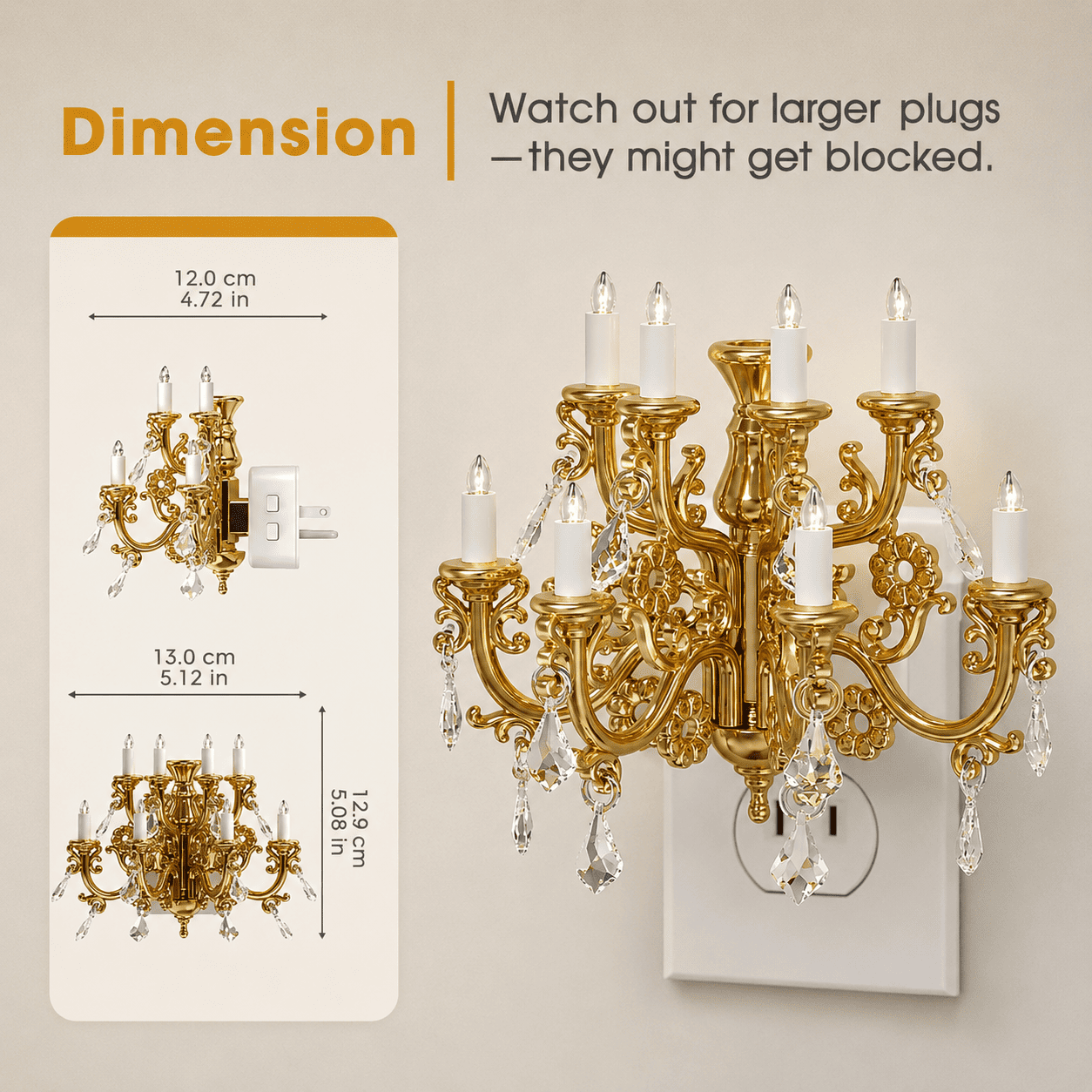 Sparkling Crystal Chandelier Candle Night Light with Warm LED Glow & Dusk to Dawn Sensor
