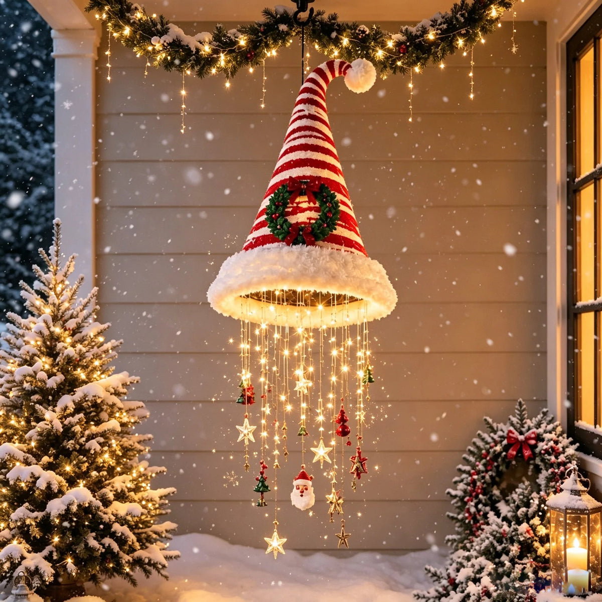 🎅✨Light‐Up Santa Hat Hanging Chandelier, Plush Christmas Pendant Light with Hanging Ornaments, Indoor & Covered Porch Holiday Decoration